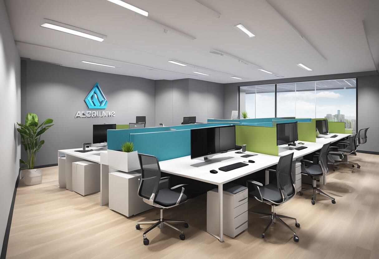 A modern office space with sleek furniture and computer stations, featuring a logo prominently displayed on the wall