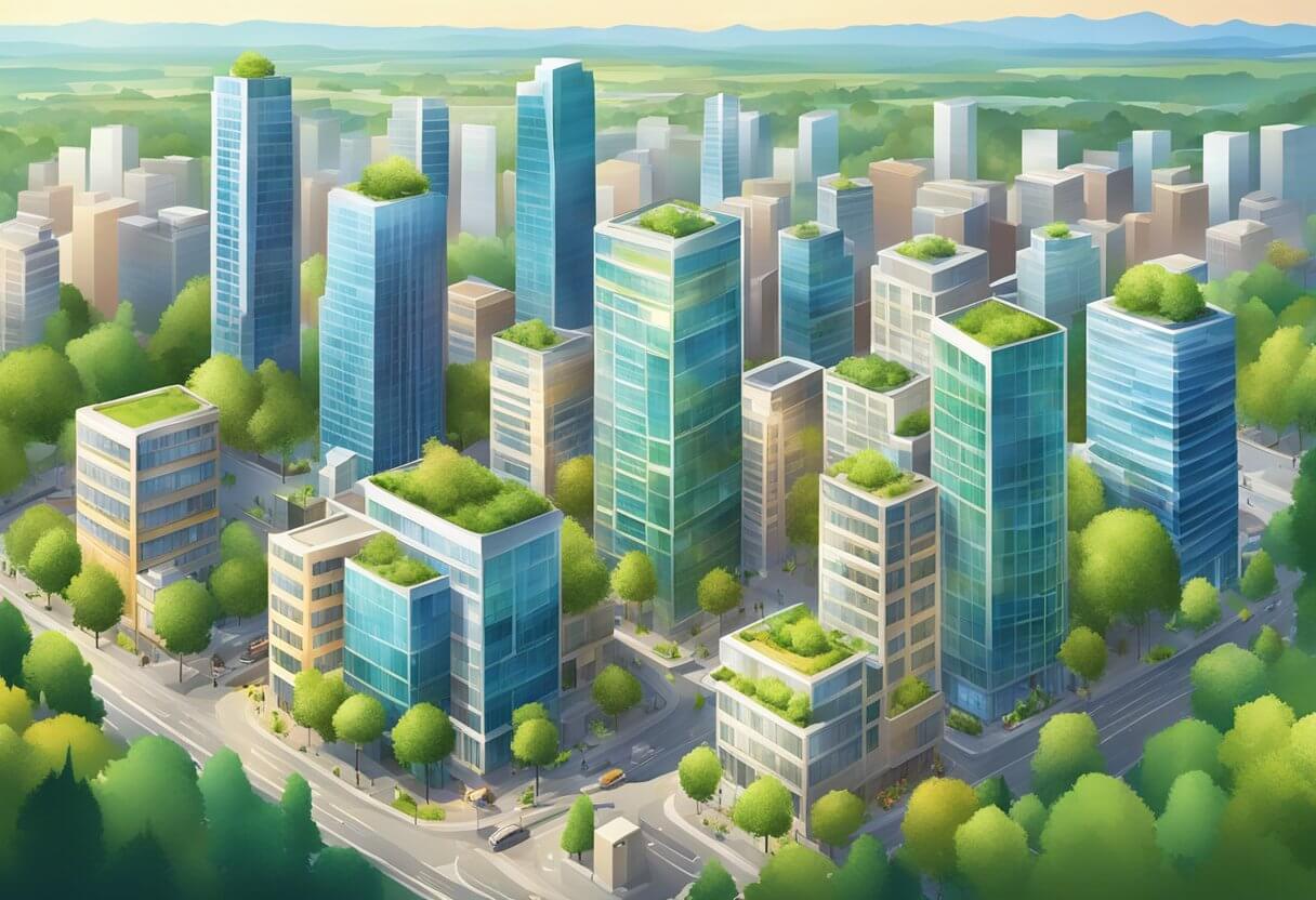 A vibrant cityscape with modern buildings and green spaces, showcasing the bustling real estate market