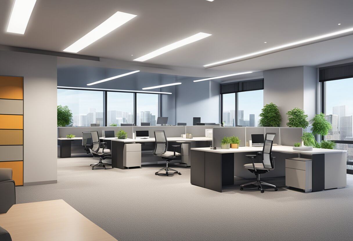 A modern office space with a sleek design, large windows, and a bustling atmosphere. A logo of Aceable Real Estate is prominently displayed on the wall