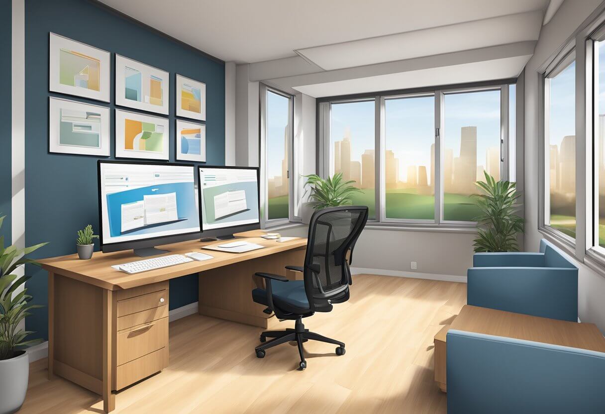 A modern office setting with a desk, computer, and real estate textbooks. A VanEd Real Estate School logo is prominently displayed on the wall