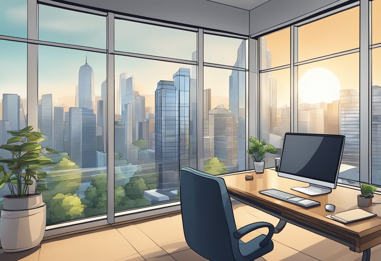 A modern office with a desk, computer, and real estate books. A large window overlooks a city skyline