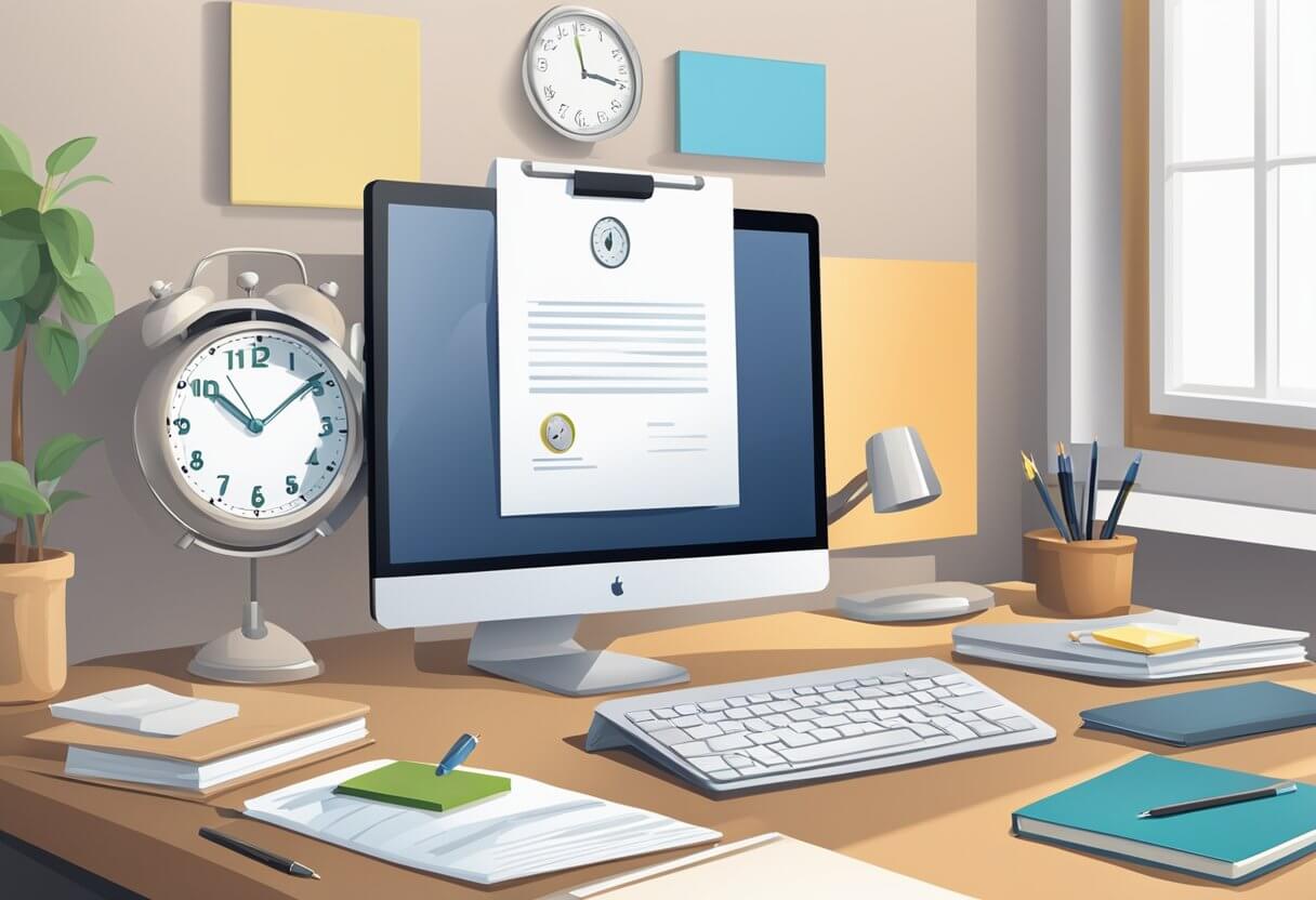 An office desk with a computer, notebook, and pen. A certificate on the wall. A clock showing 3:00