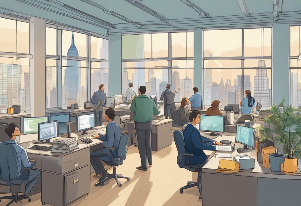 A bustling office with people studying, books and computers, a sign reading "Real Estate Licensing New York (RELNY)" on the wall